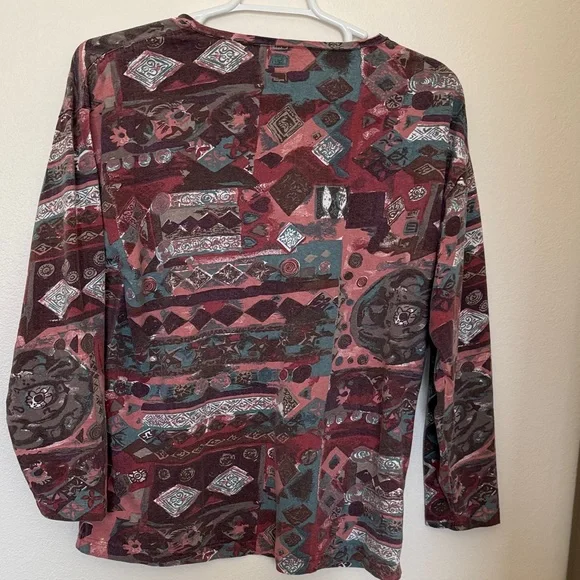 Chico's Patterned V-Neck Long Sleeve Top - Burgundy, Teal, Dusty Rose - Picture 3 of 3